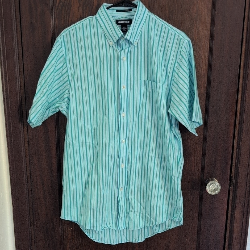 Lands' End Blue Stripe Supima No Iron Supima Pinpoint Short Sleeve Button Down